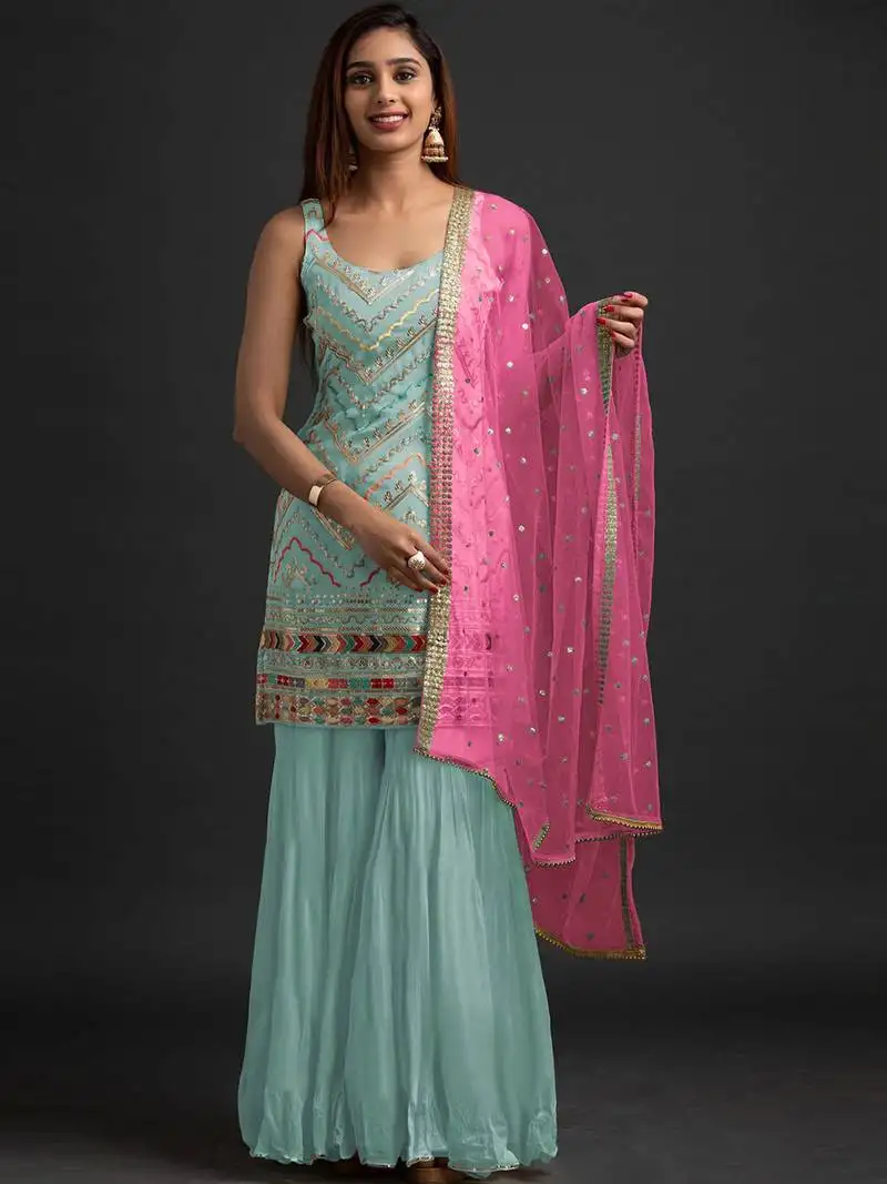 Turquoise embroidered resham zari sequins georgette sharara semi stitched