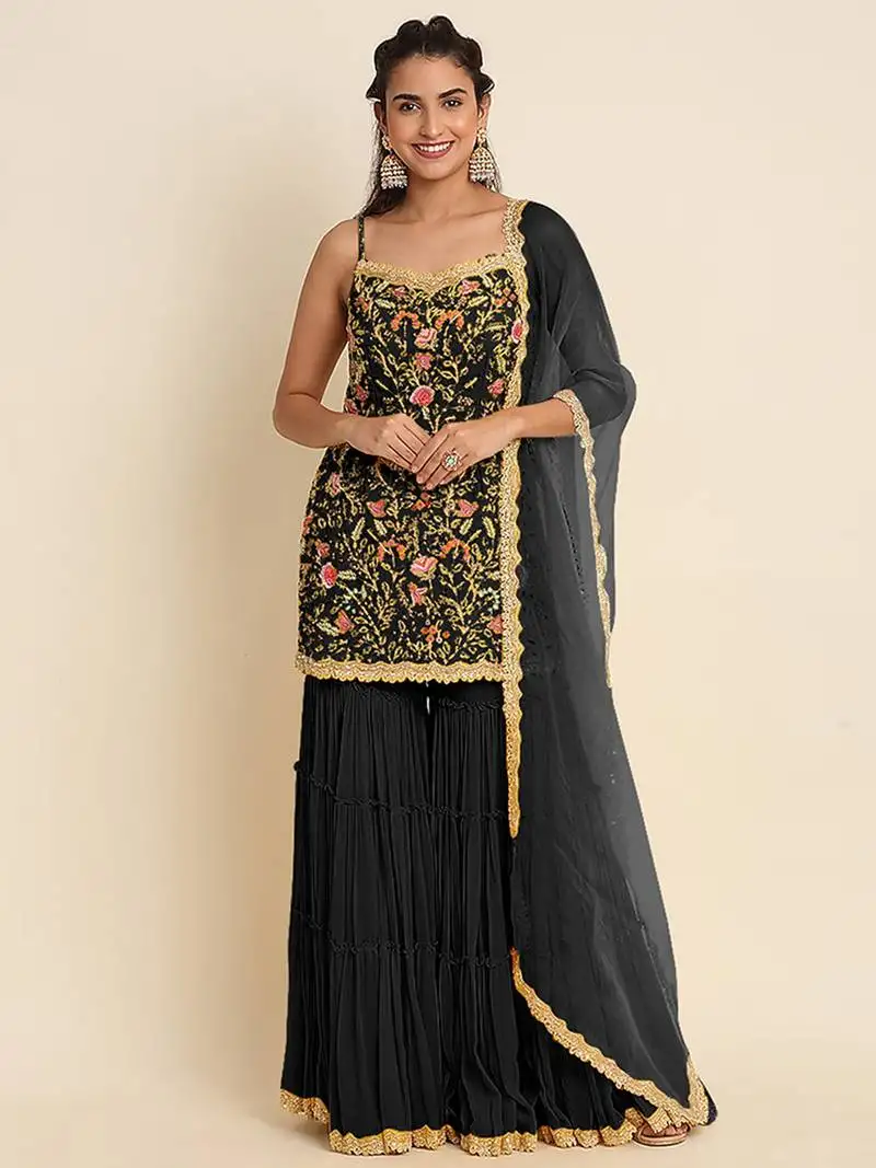 Black embroidered resham zari sequins georgette sharara suit semi stitched