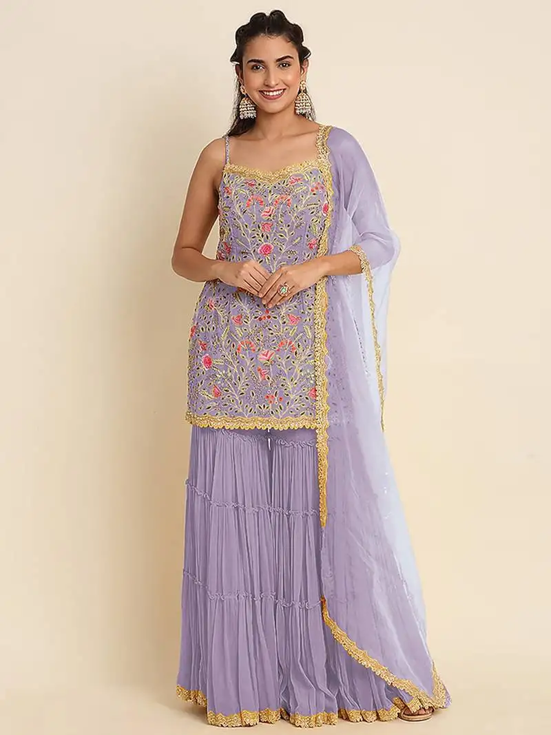 Purple embroidered resham zari sequins georgette sharara suit semi stitched