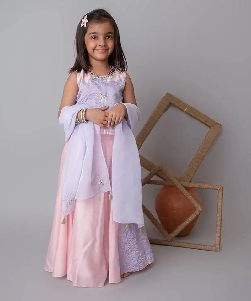 Pink floral applique lehnga set for kids