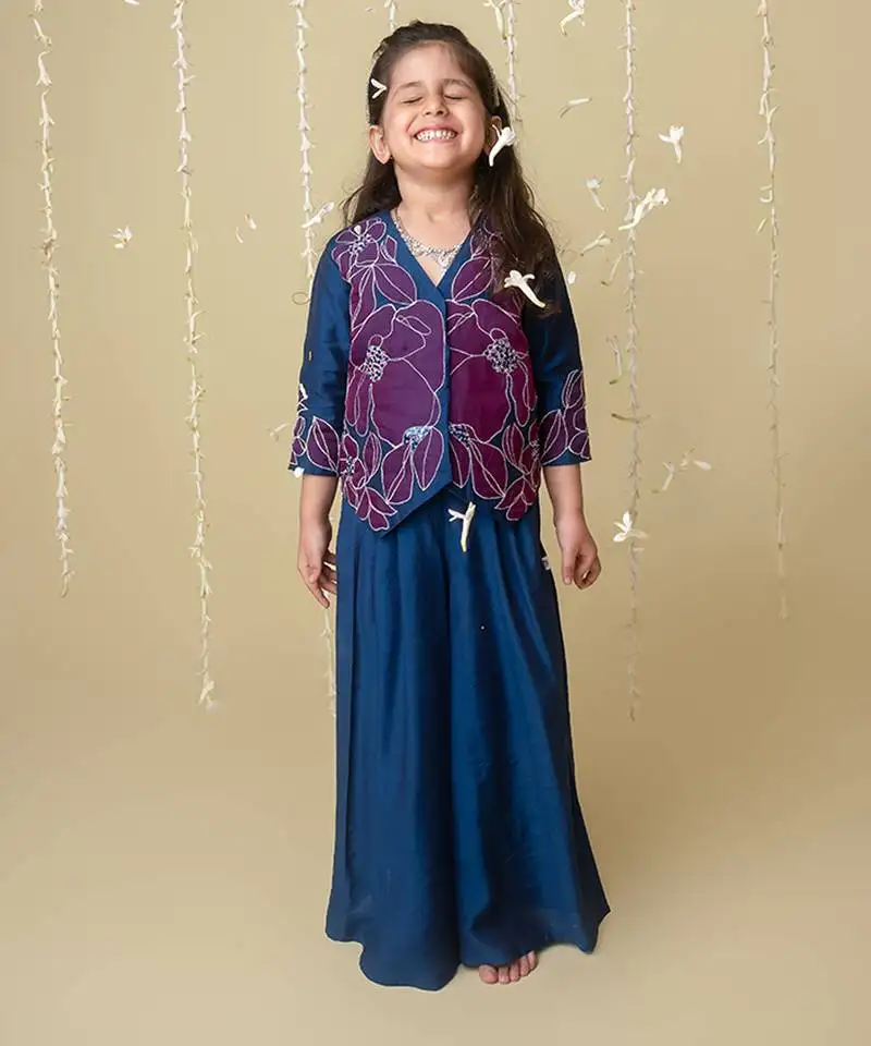 Midnight gold applique sharara jacket set for girls