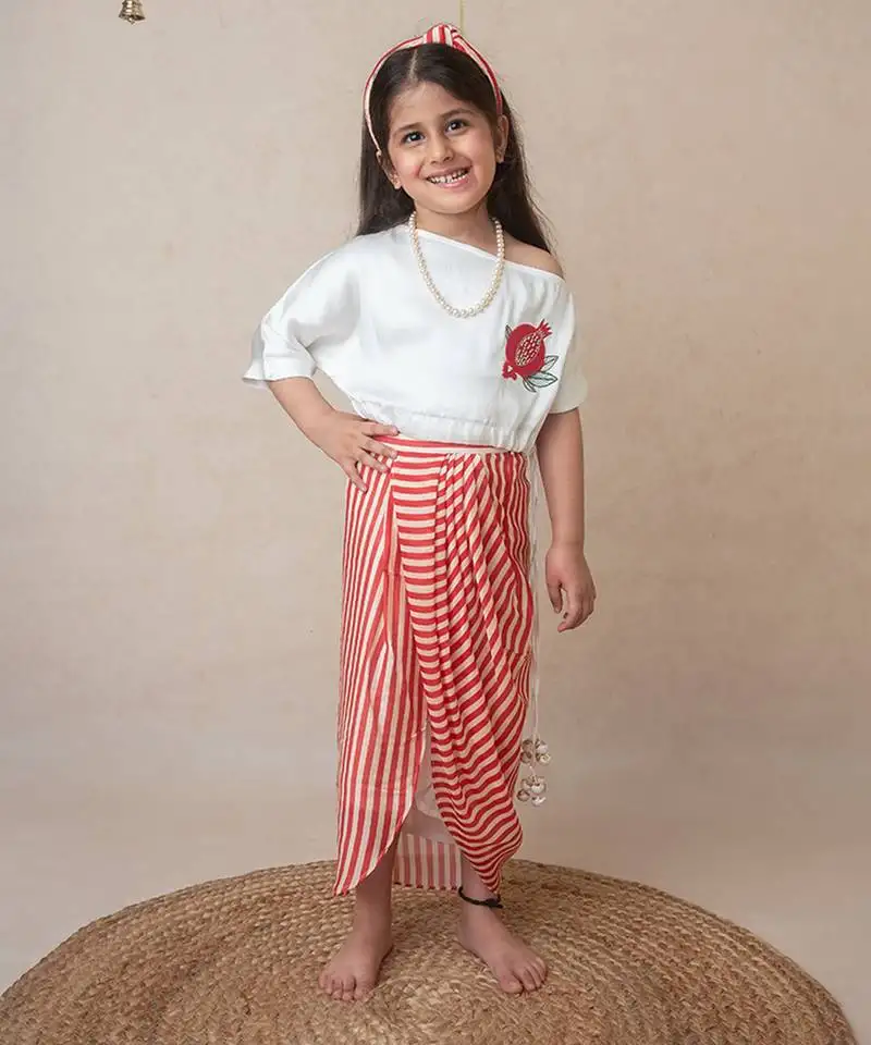 Pomegranate off shoulder top and draped skirt set for kids