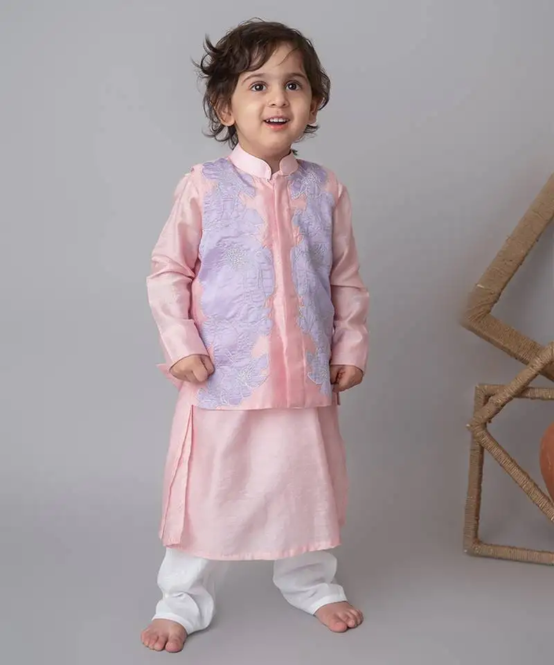 Pink floral applique bandhgala and kurta set for kids