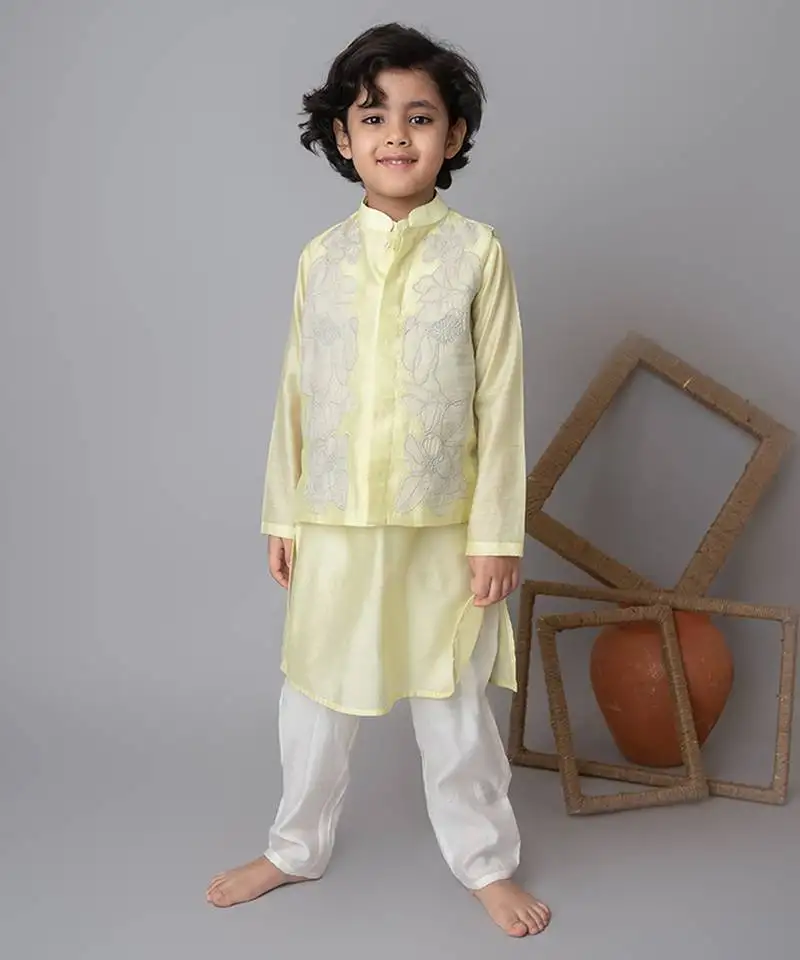 Lemon floral applique bandhgala and kurta set for kids