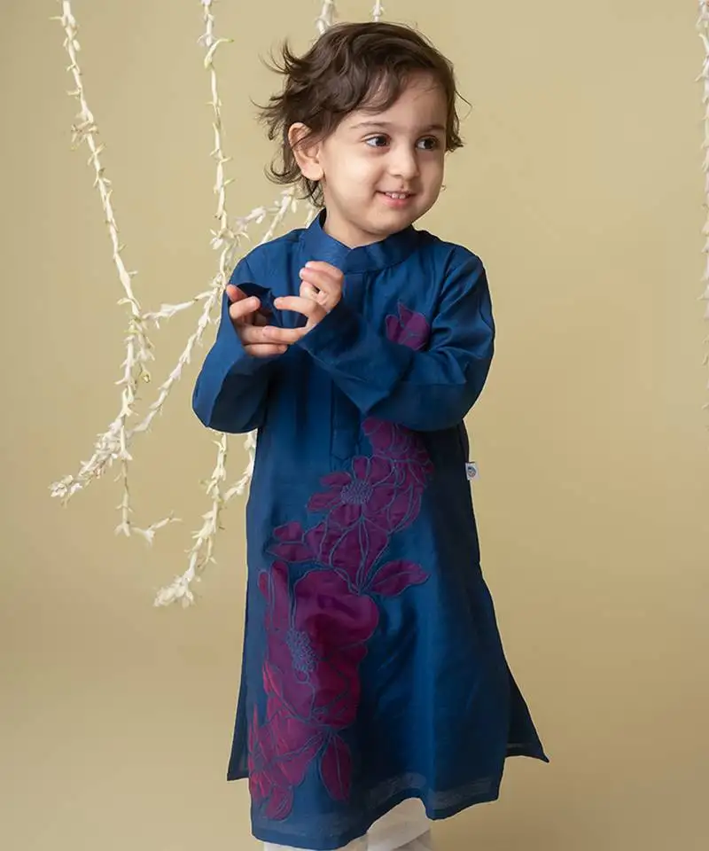 Midnight gold applique kurta set for kids