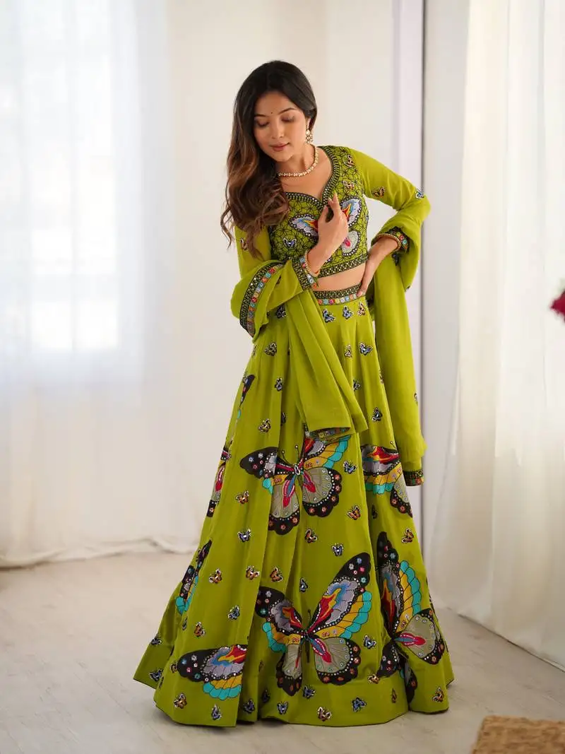 Parrot green lehenga set with stunning handcrafted butterfly embroidery and designer flared sleeves