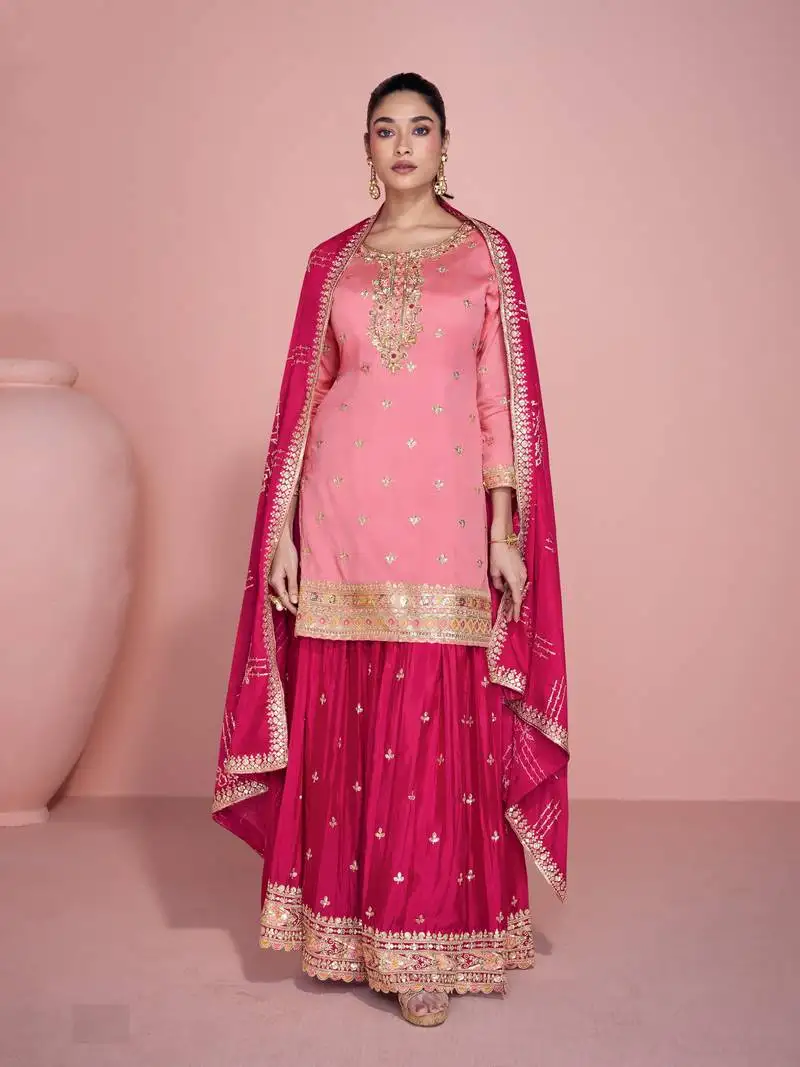 Pink embroidered chinon free size palazo suit stitched