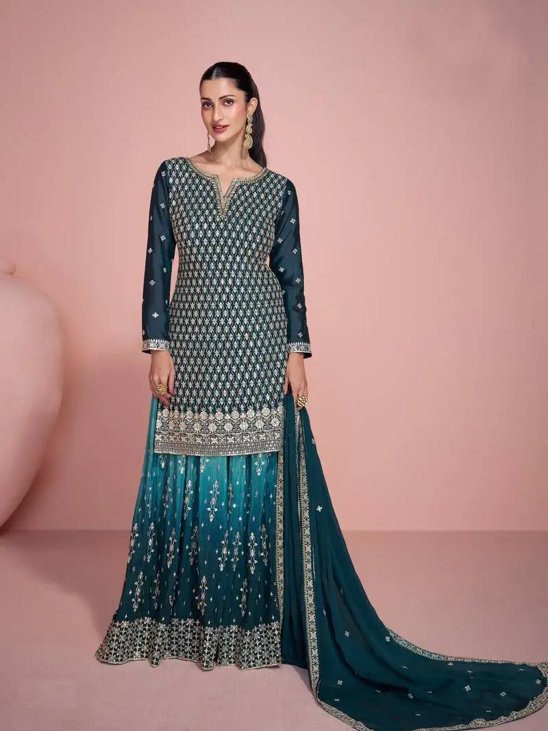 Morpich embroidered chinon free size palazo suit stitched