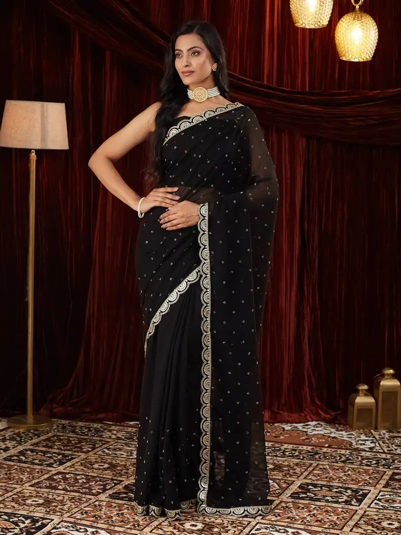 Pure georgette black beads and stones embellished sarees
