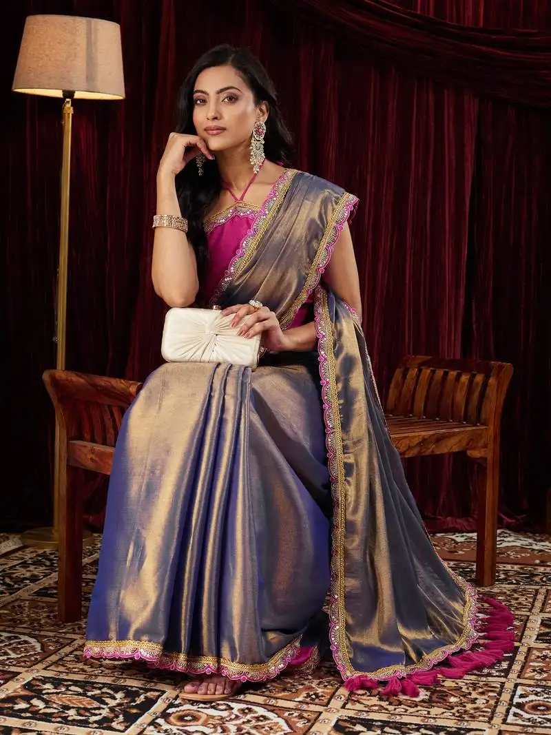 Cotton silk blue sequinned embellished saree