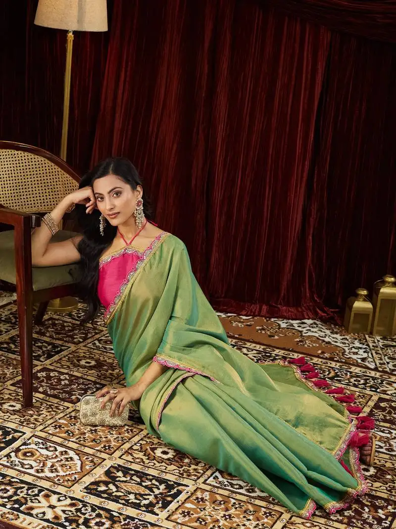 Cotton silk green sequinned embellished saree