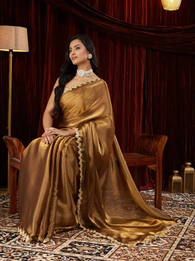 Organza gold sequinned embellished saree