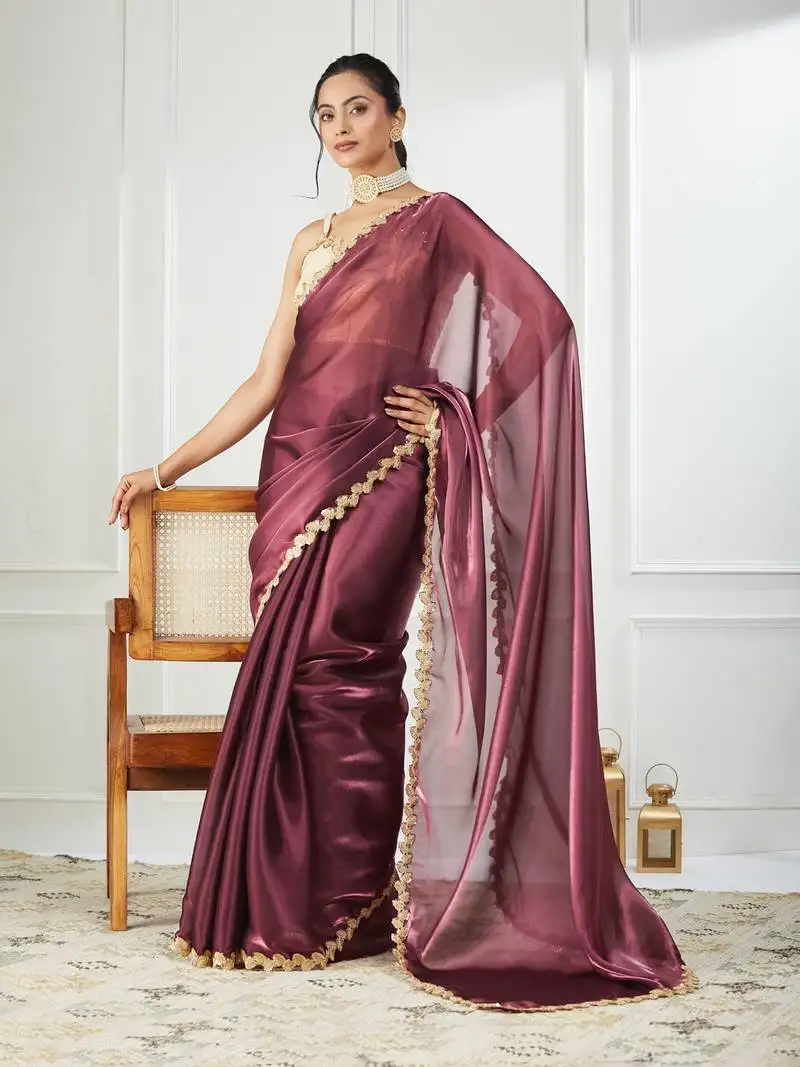 Organza purple sequinned embellished saree
