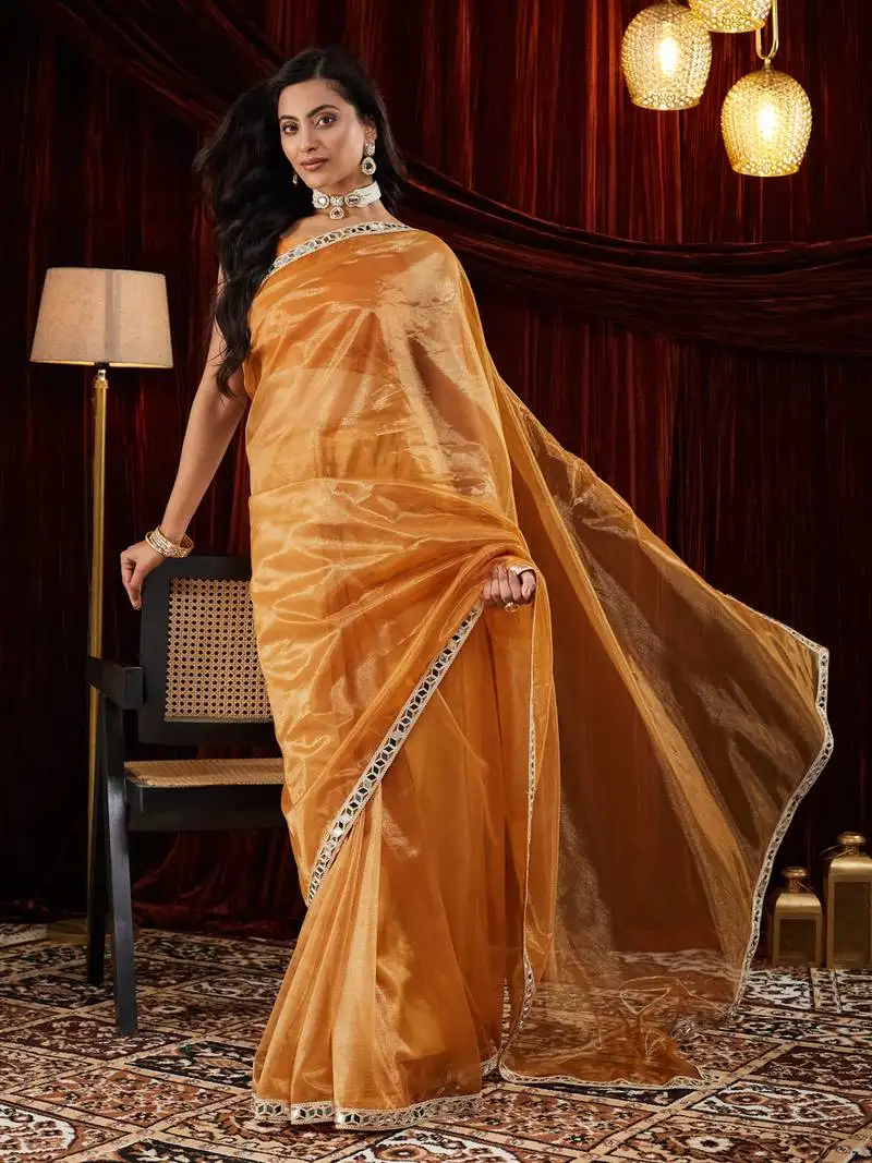 Organza gold mirror work embellished saree