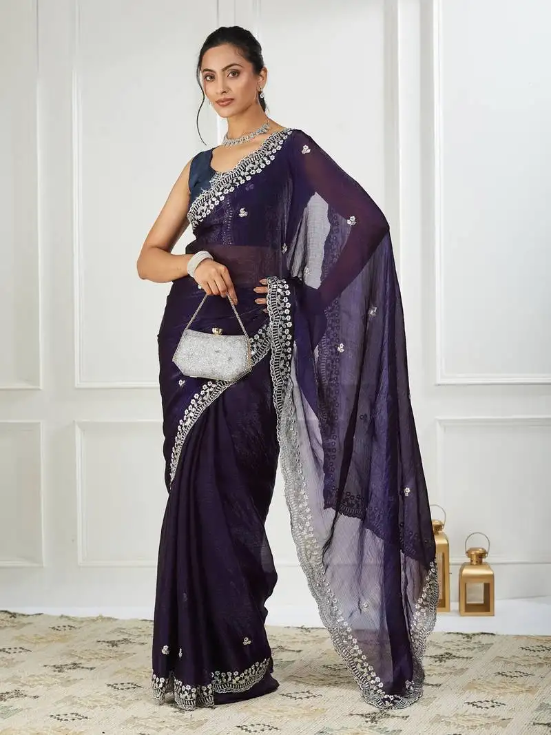 Purple embroidered silk blend saree