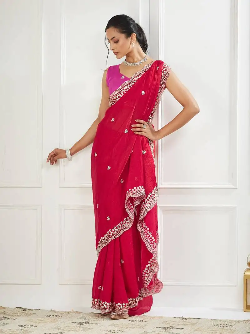 Pink embroidered silk blend saree
