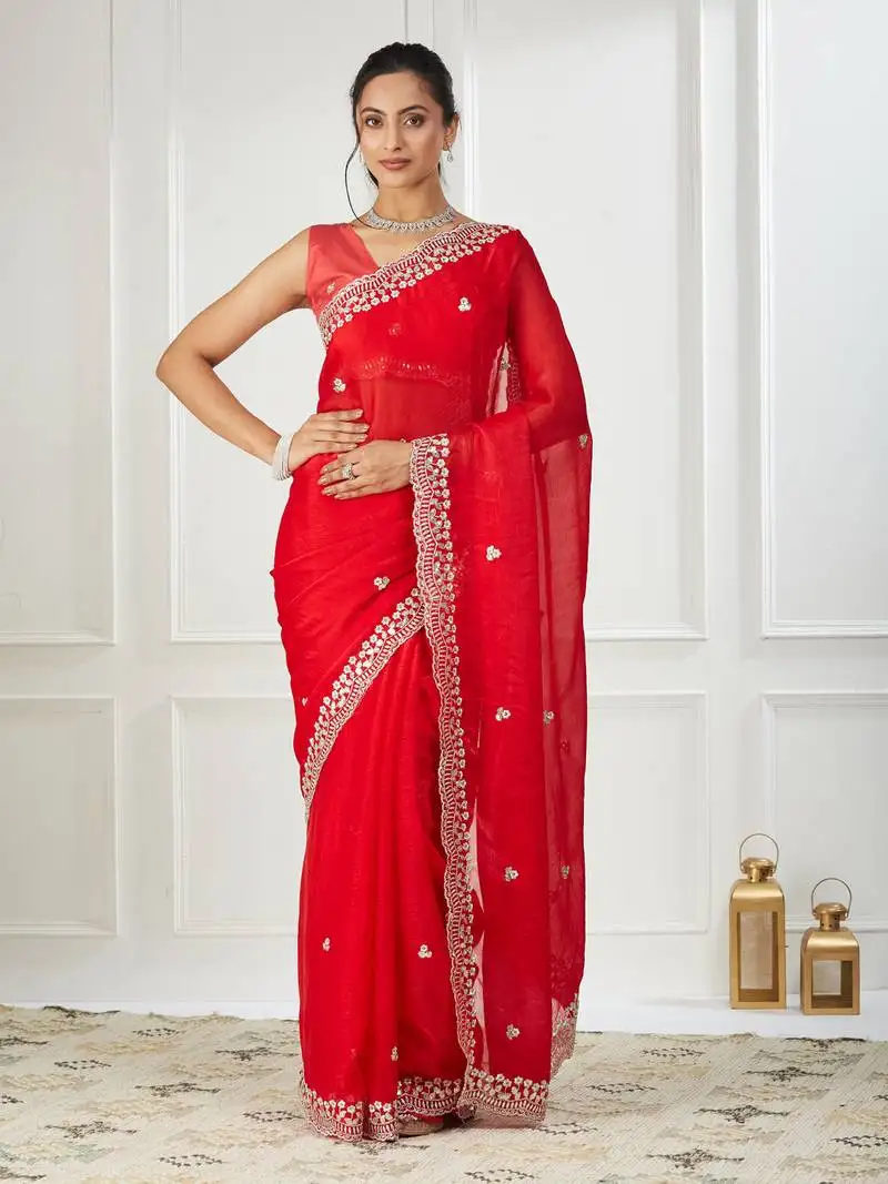 Red embroidered silk blend saree