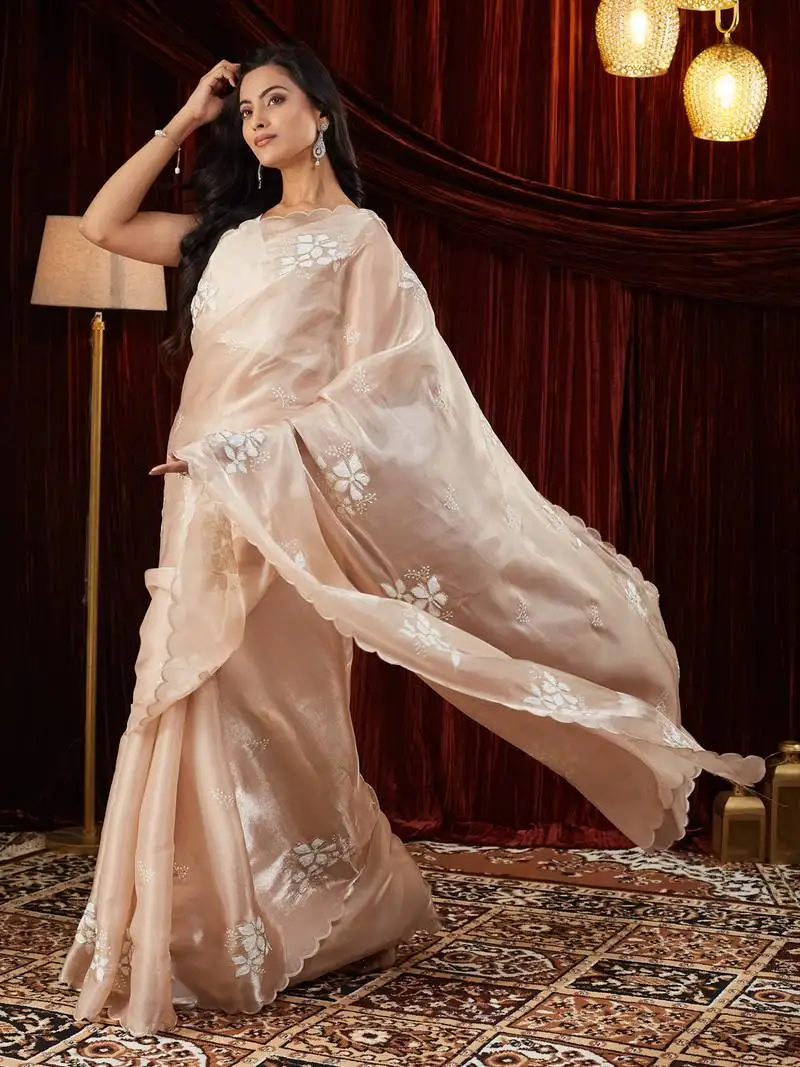 Organza cream embroidered saree