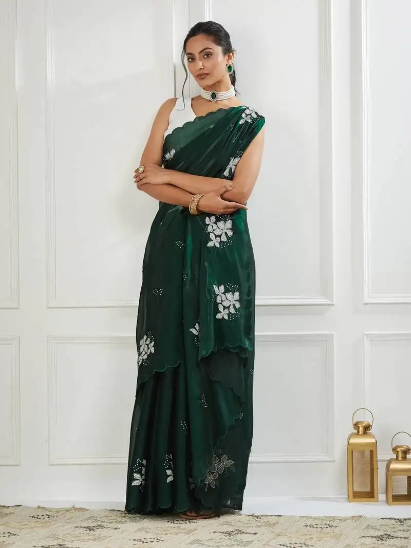 Organza green embroidered saree