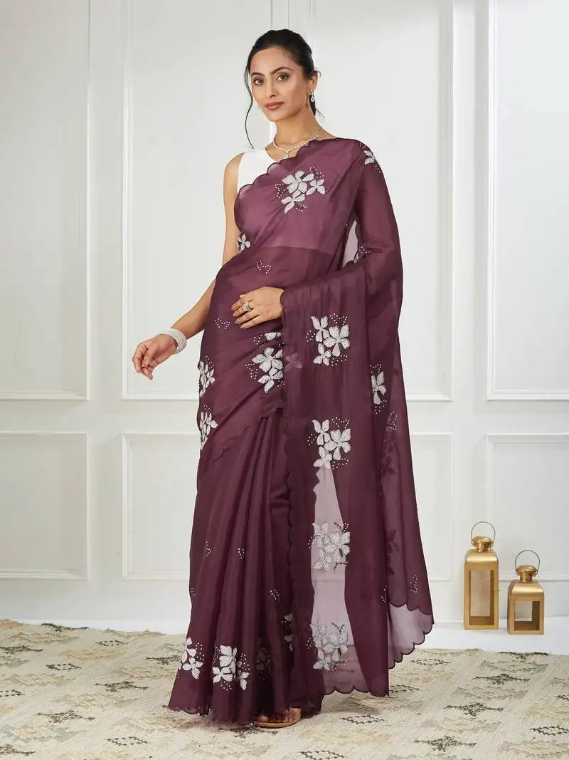 Organza magenta embroidered saree