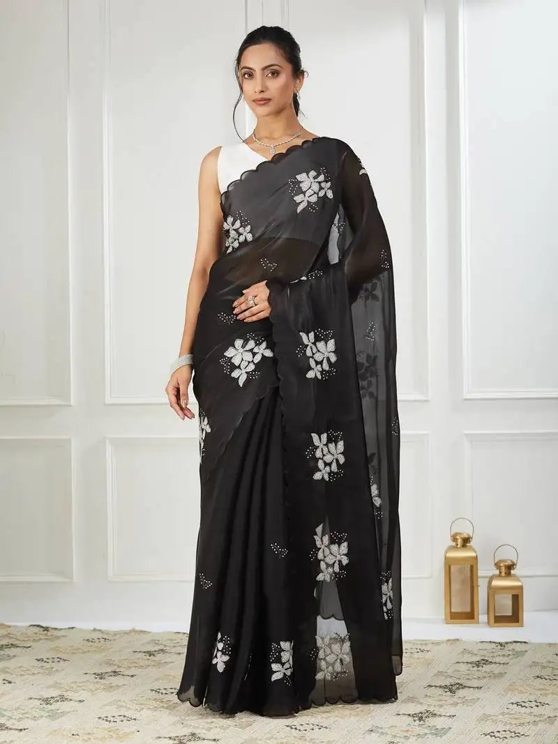 Organza black embroidered saree