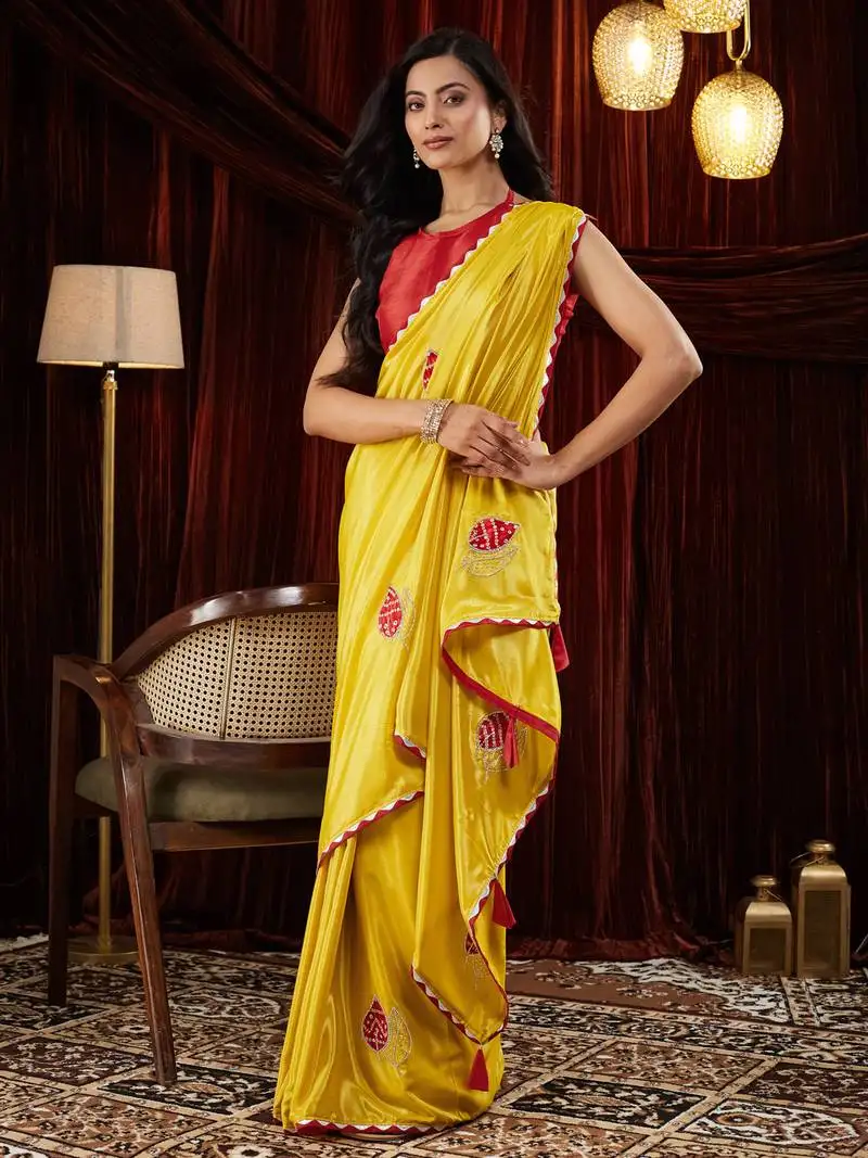 Silk blend yellow patchwork embroidered saree