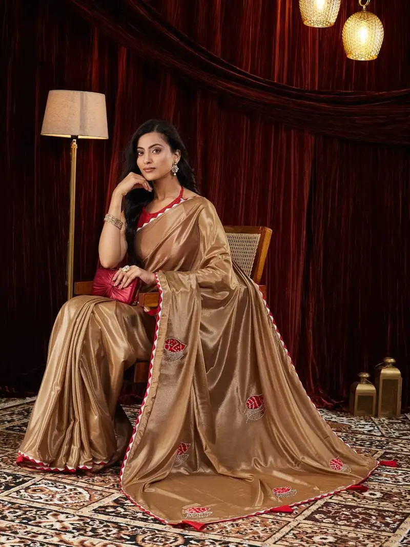 Silk blend brown patchwork embroidered saree