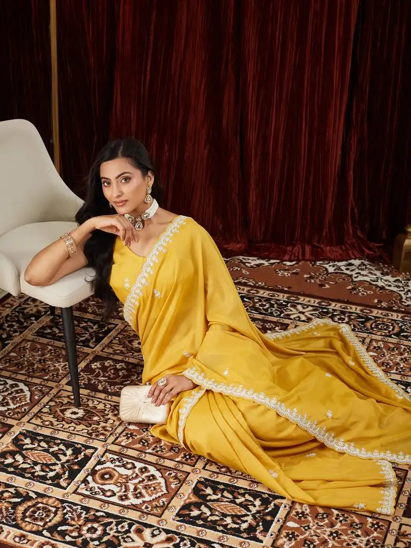 Pure georgette yellow embroidered saree