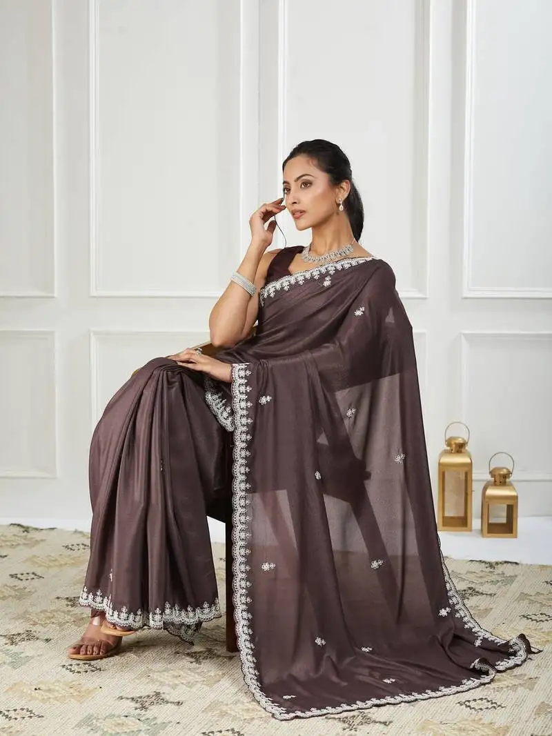 Pure georgette brown embroidered saree
