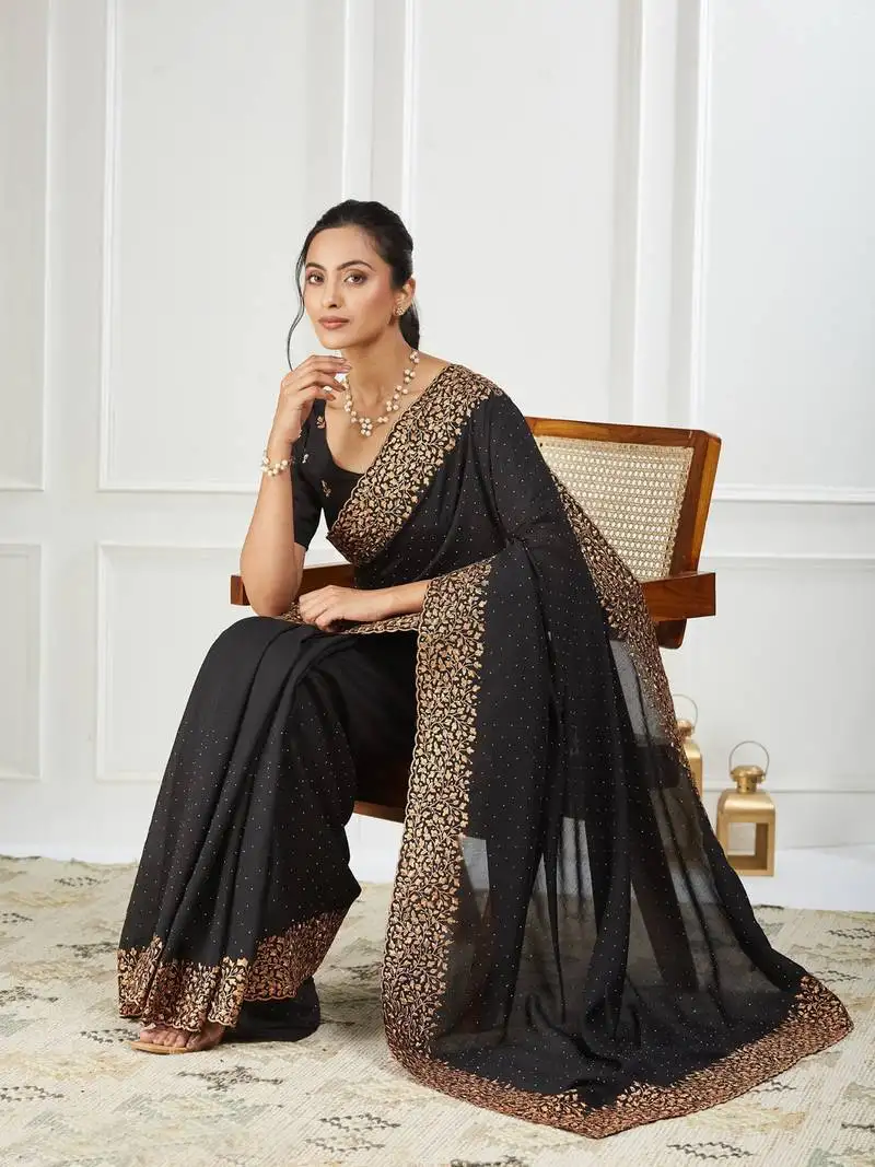 Silk blend black embroidered saree