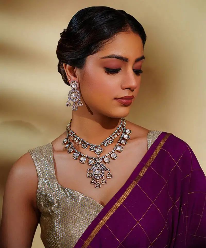 Bold and dramatic2- line kundan necklace with earrings