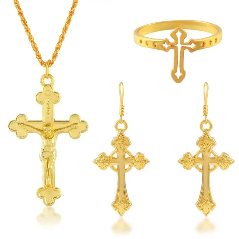 Brass gold plated christian cross earrings and finger ring combo spiritual jewellery set for men women