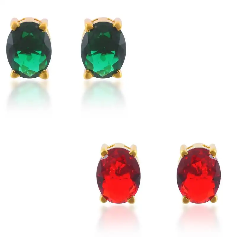 Brass goldplated combo of imitation ruby and emerald stud earrings for women
