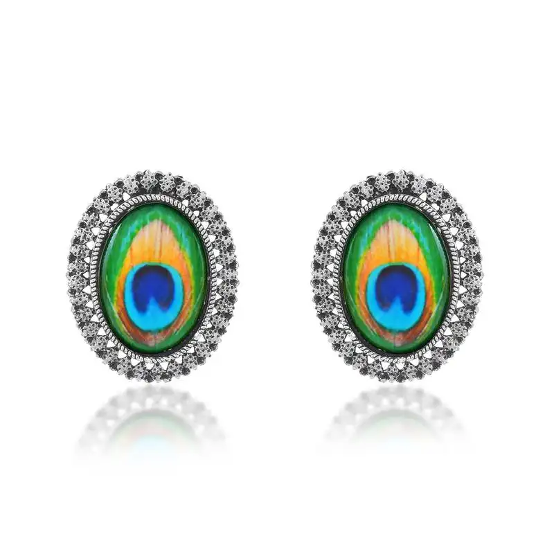 Brass antique silver plated peacock feather design stud earrings for women girls