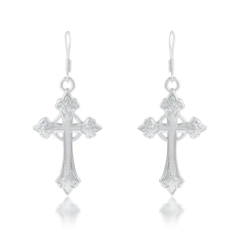 Brass silver plated christian spiritual crucifix cross dangler earrings for men women