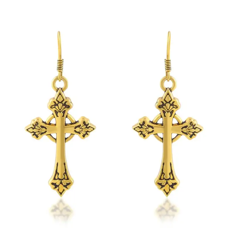 Dzine trendz brass dangler earrings - antique gold-plated, crucifix design, 3.5 cm