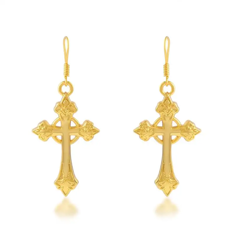 Dzine trendz 24kt gold-plated brass crucifix dangler earrings - classic 3 cm design
