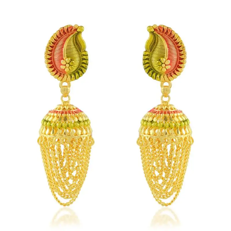 Brass micron gold plated traditional meenakari jhumka earrings for women