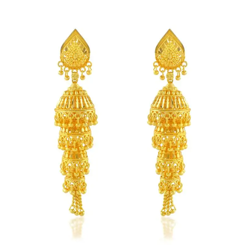 Brass micron gold plated four step long traditional jhumka earrings for women