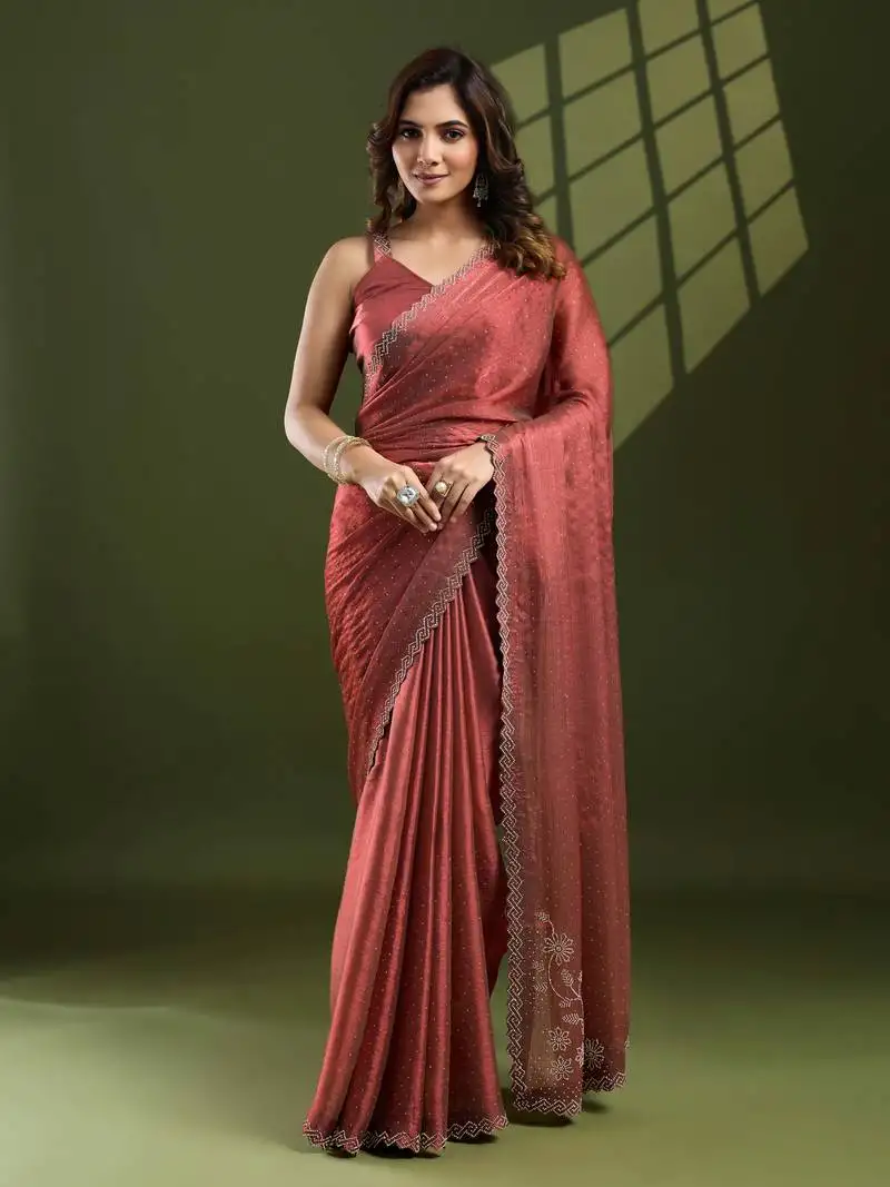 Rust silk blend swaroski work saree with unstitched blouse