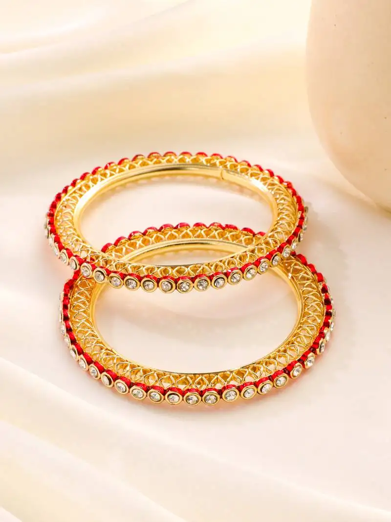 Women set of 2 gold plated red kundan studded bangles