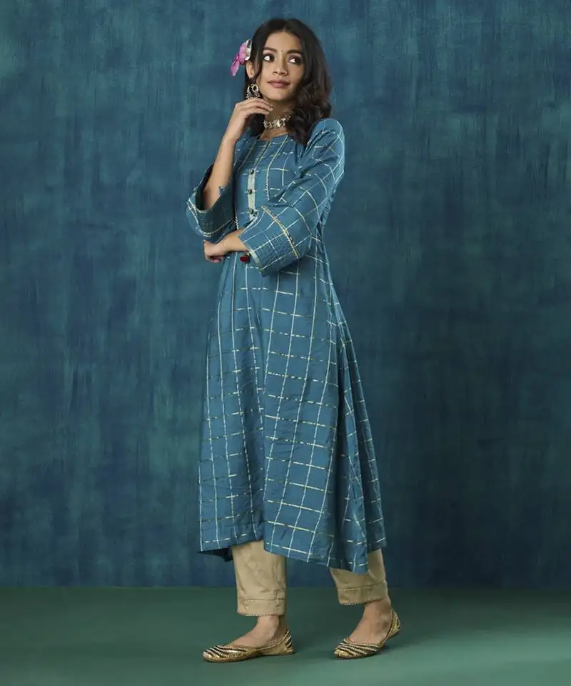 Turquoise checks cotton silk kurti