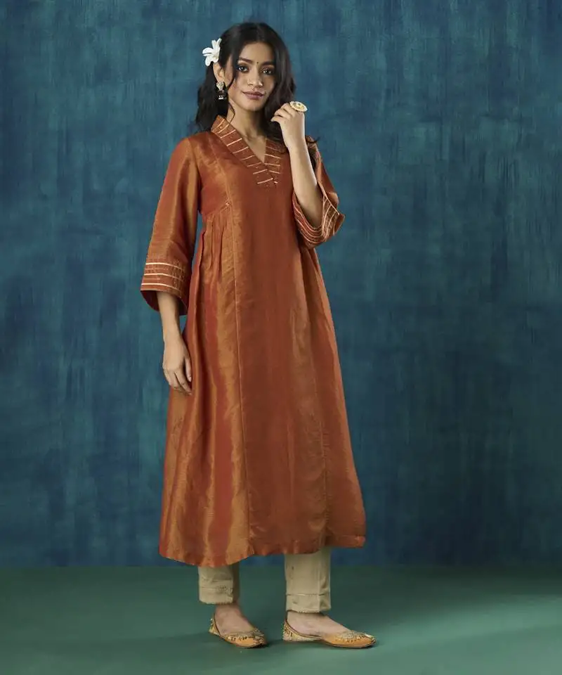 Rust plain tissue gota detail kurti