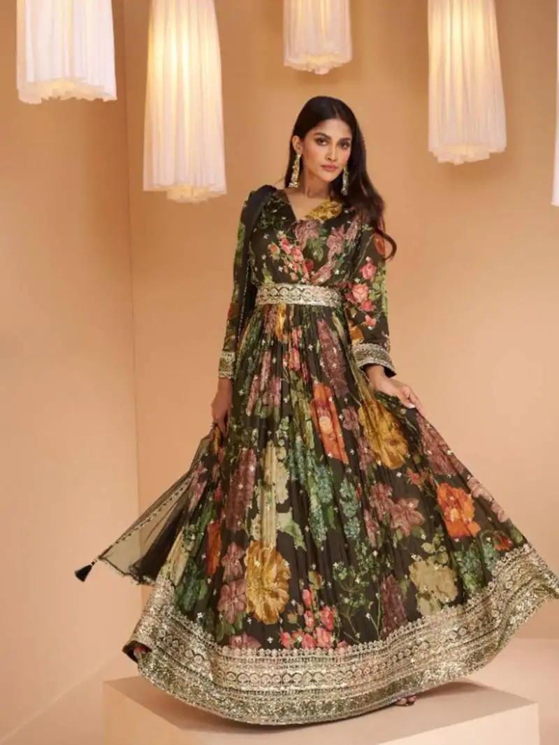 Black embroidery print & sequins work georgette gown suit - full stitched suit