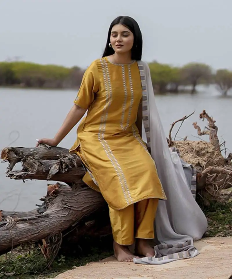Mustard plain cotton kurta set with embroidery