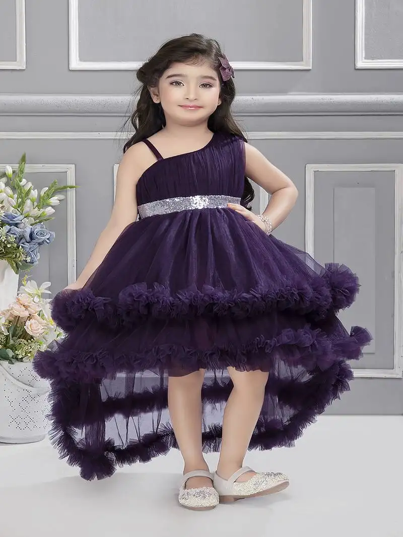 Purple sequins net high low layered sleeveless frock for kids