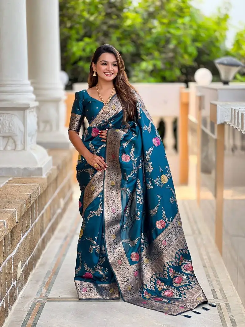 Teal blue banarasi art silk woven meenakari saree