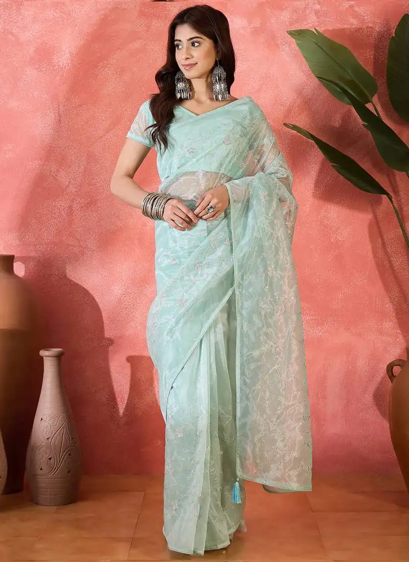 Sea green organza sequin embroidered saree