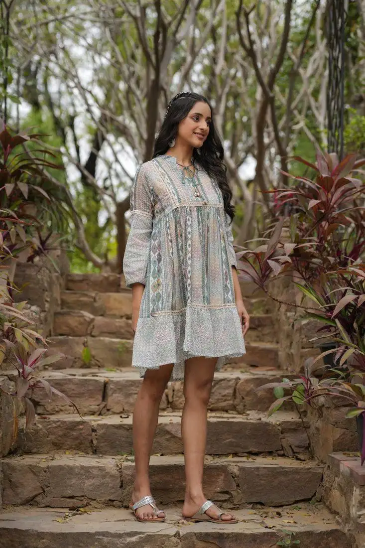 Light blue embroidered cotton sky mini dress