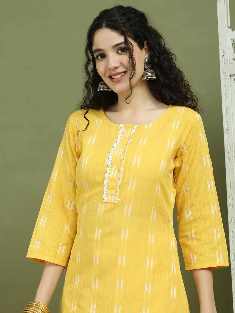 Yellow lace work, woven design straight kurta